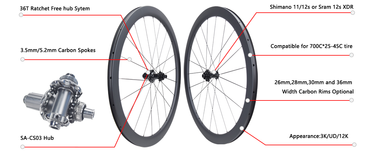 700C ratchet 36T road carbon spoke wheels
