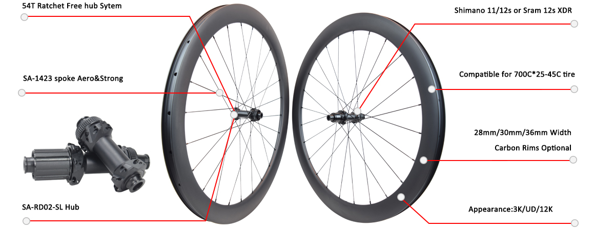 Gravel bike light carbon wheels, SA-RD02SL ratchet hub 54T
