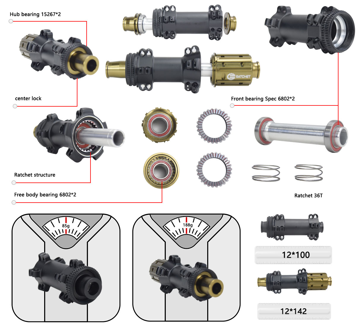 Carbon spoked hub ratchet 36T for disc brake